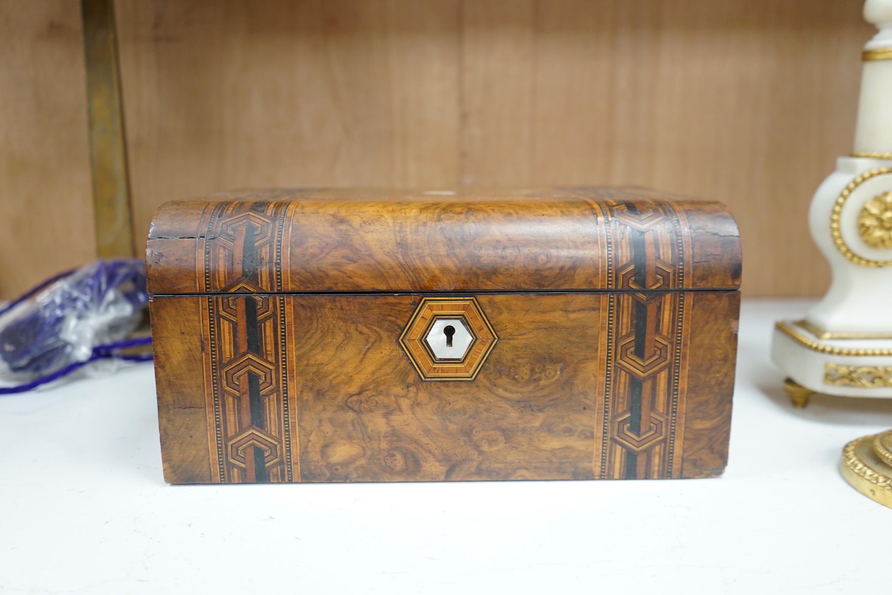 A late 19th century inlaid walnut writing slope, 30.5cm wide. Condition - fair.